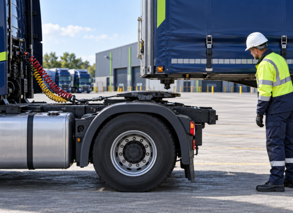 Driver inspecting a standard semi-trailer fifth-wheel coupling before connection