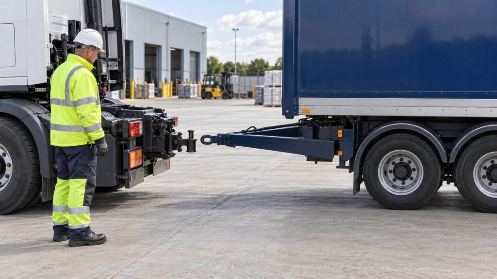 Operator preparing to couple a prime mover to a centre-axle drawbar trailer
