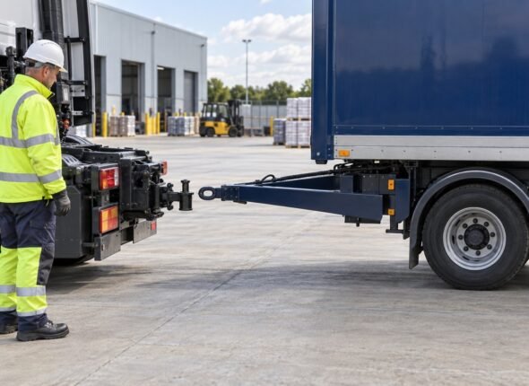 Operator preparing to couple a prime mover to a centre-axle drawbar trailer