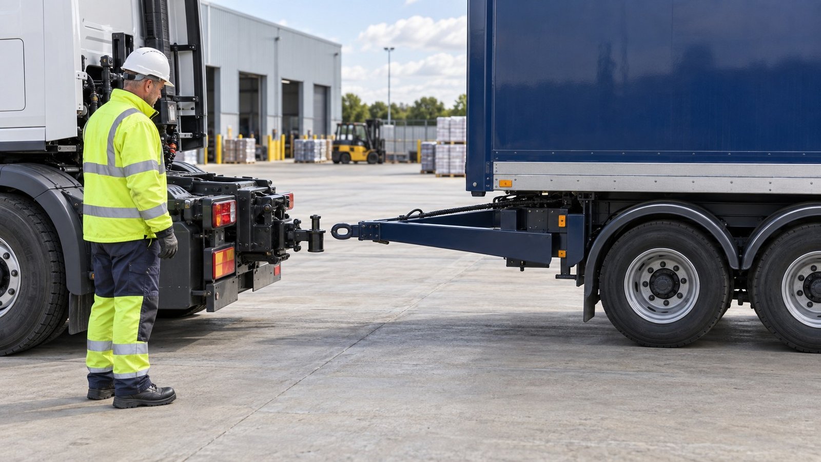 Operator preparing to couple a prime mover to a centre-axle drawbar trailer