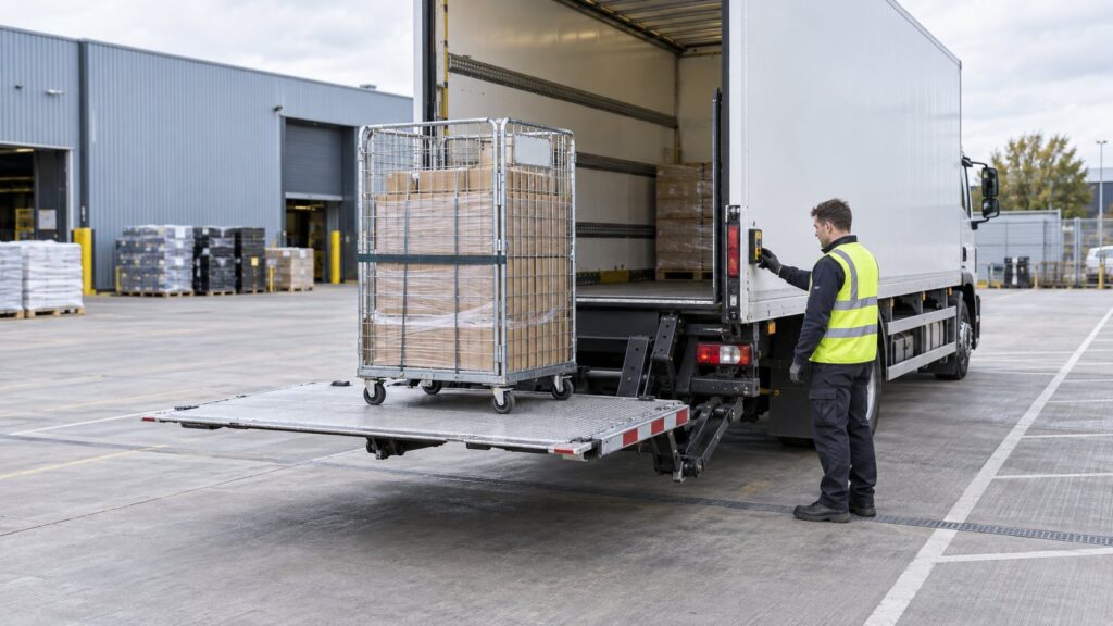 Trained operator using the side controls of a vehicle tail lift with a secured roll cage centred on the platform