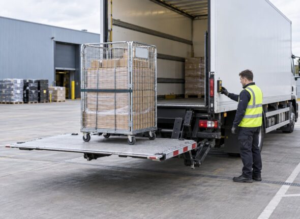 Trained operator using the side controls of a vehicle tail lift with a secured roll cage centred on the platform