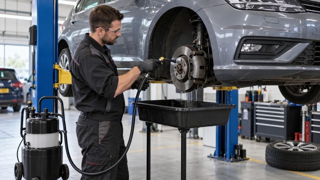Technician using contained wet cleaning on a vehicle brake assembly