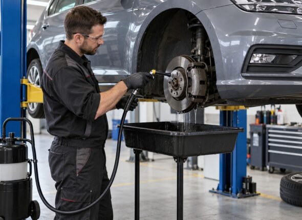 Technician using contained wet cleaning on a vehicle brake assembly