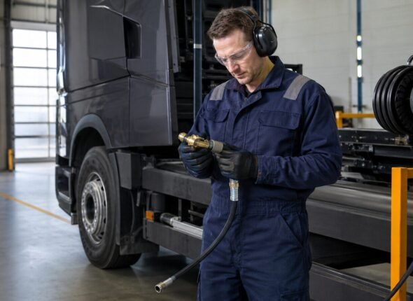 Haulage workshop technician inspecting a disconnected compressed-air hose and coupling beside a commercial vehicle while wearing eye and hearing protection