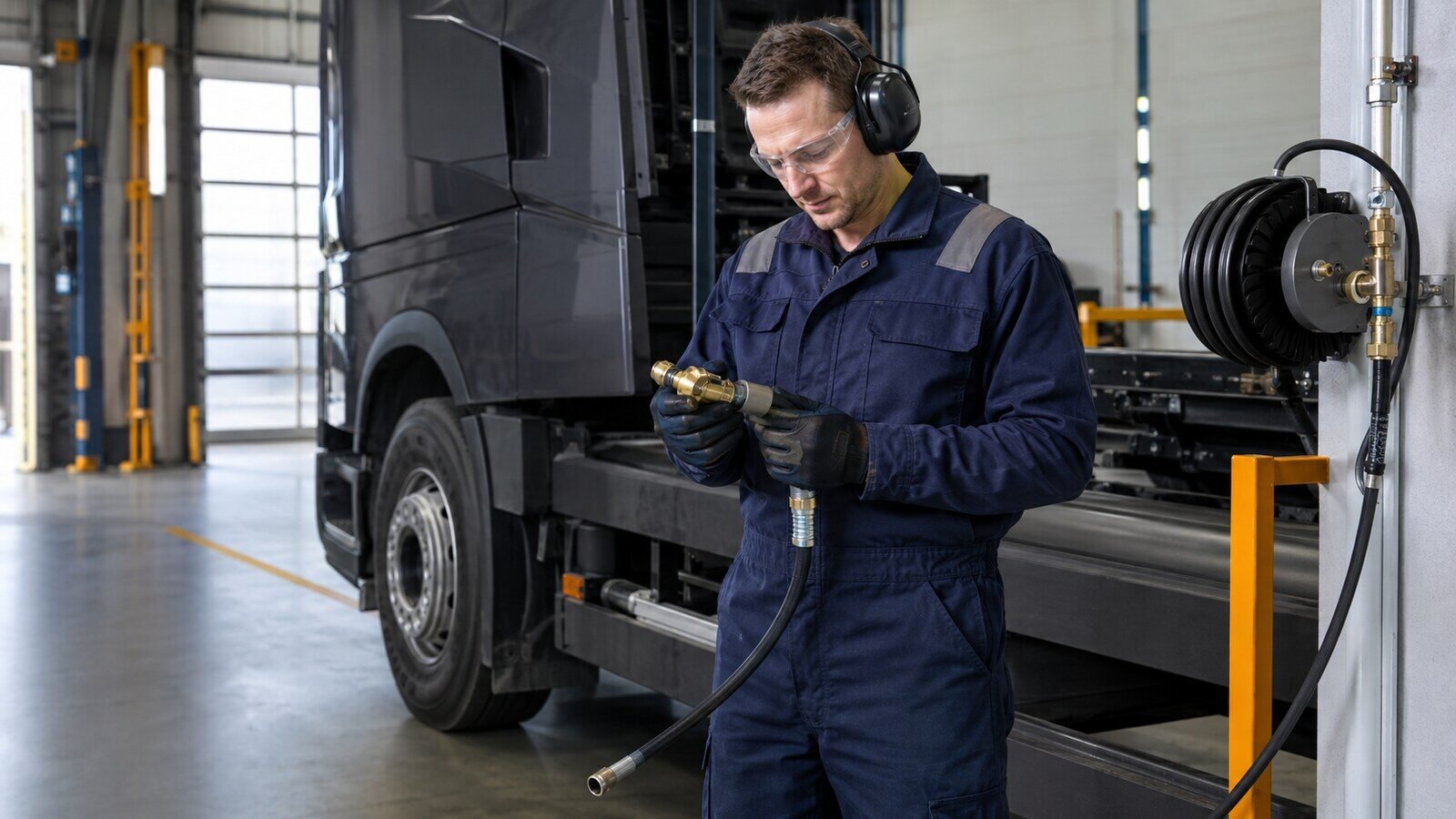 Haulage workshop technician inspecting a disconnected compressed-air hose and coupling beside a commercial vehicle while wearing eye and hearing protection