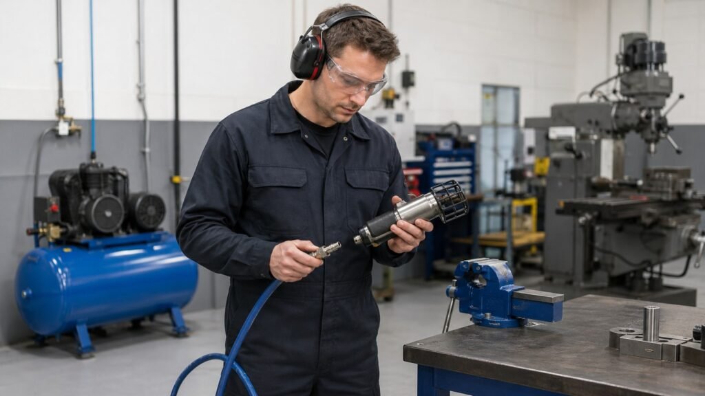 Worker inspecting a disconnected compressed-air hose and coupling beside guarded pneumatic equipment in a general workplace workshop