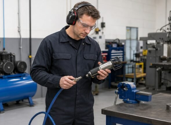Worker inspecting a disconnected compressed-air hose and coupling beside guarded pneumatic equipment in a general workplace workshop