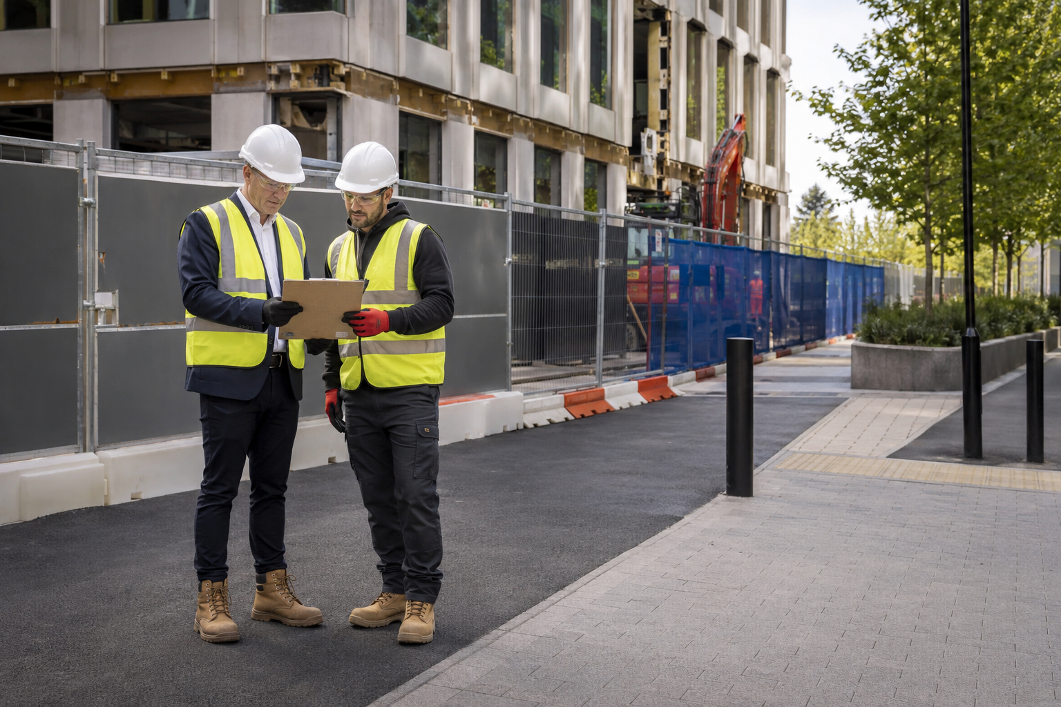 Client facilities manager and principal contractor reviewing plans beside a securely separated commercial refurbishment site