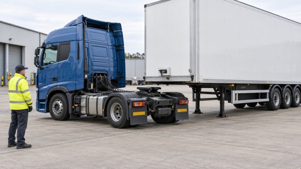 Close-coupled tractor and semi-trailer positioned in a depot yard for controlled coupling and uncoupling training
