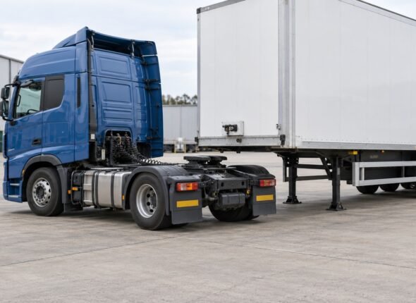 Close-coupled tractor and semi-trailer positioned in a depot yard for controlled coupling and uncoupling training