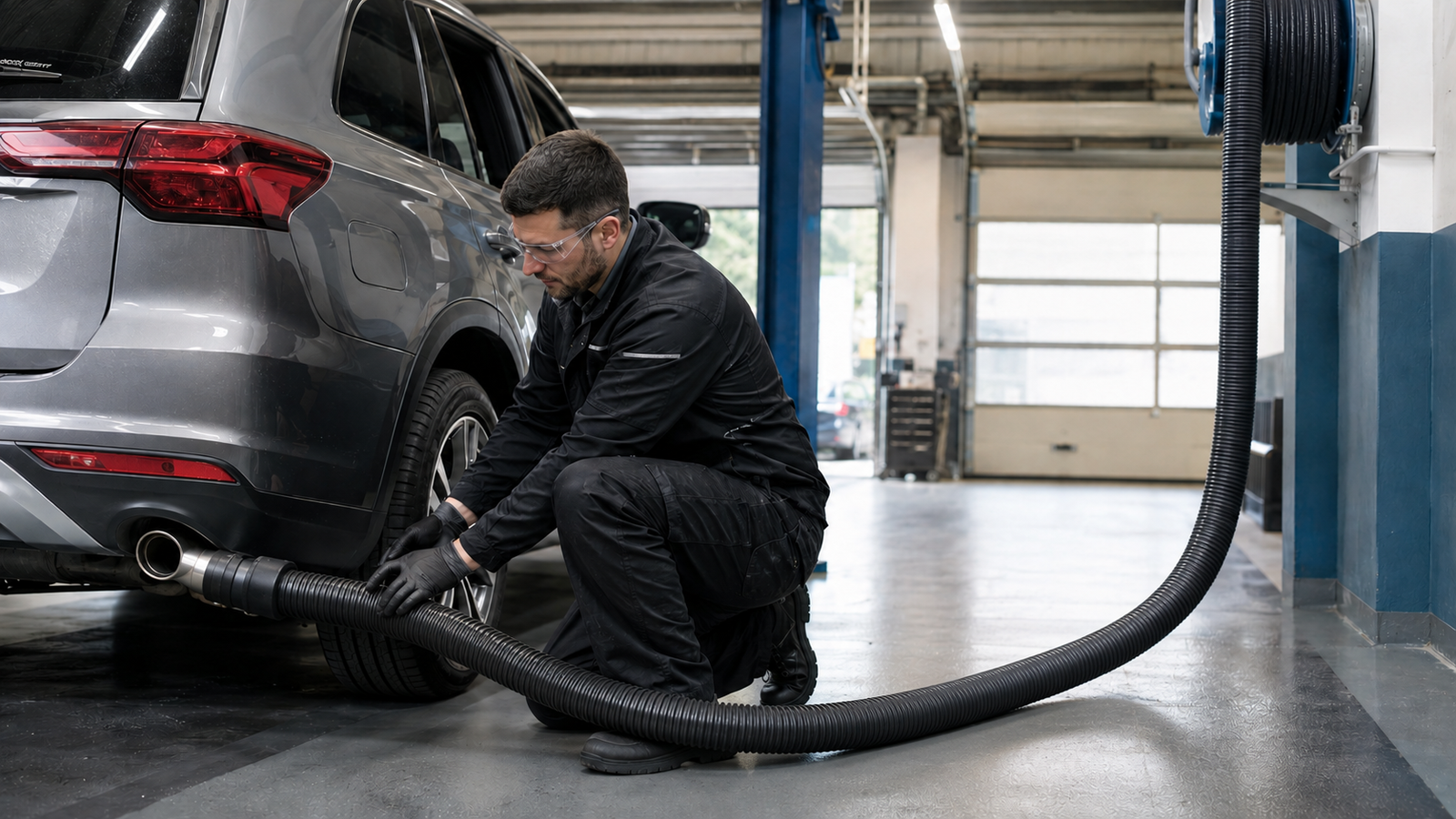 Vehicle technician connecting a tailpipe exhaust extraction hose to a diesel vehicle in a workshop