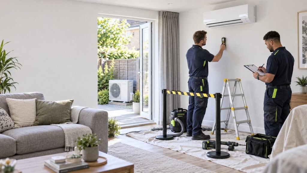 Two air-conditioning engineers plan a safe domestic split-system installation using a wall scanner and controlled work area, with tools and the outdoor unit positioned securely.