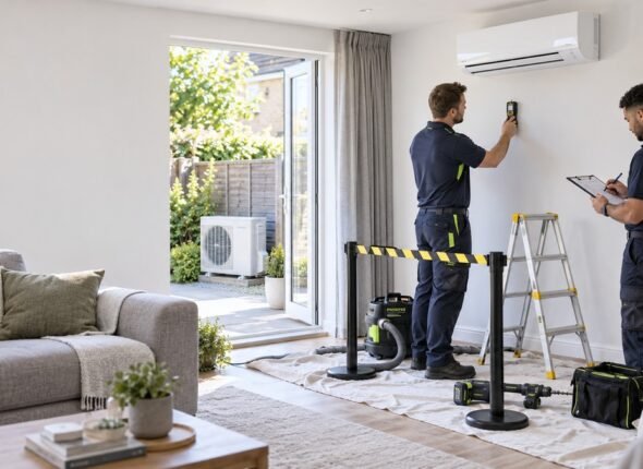 Two air-conditioning engineers plan a safe domestic split-system installation using a wall scanner and controlled work area, with tools and the outdoor unit positioned securely.
