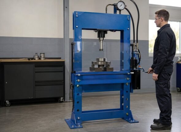 Workshop operator using a guarded hydraulic press with the workpiece centred and hands outside the pressing zone