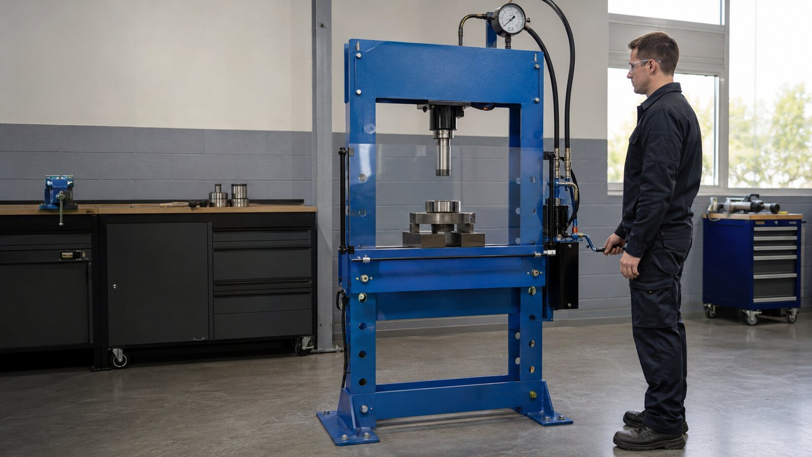 Workshop operator using a guarded hydraulic press with the workpiece centred and hands outside the pressing zone