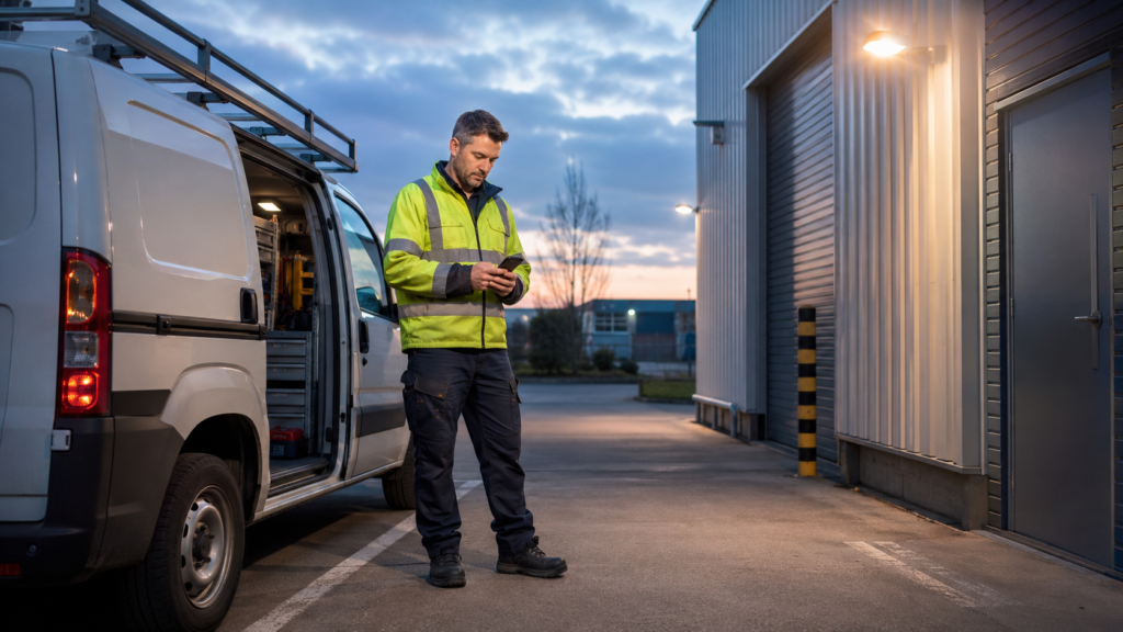 Mobile maintenance engineer completing a scheduled lone-worker check-in beside a service van
