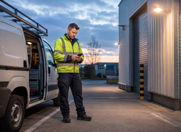 Mobile maintenance engineer completing a scheduled lone-worker check-in beside a service van