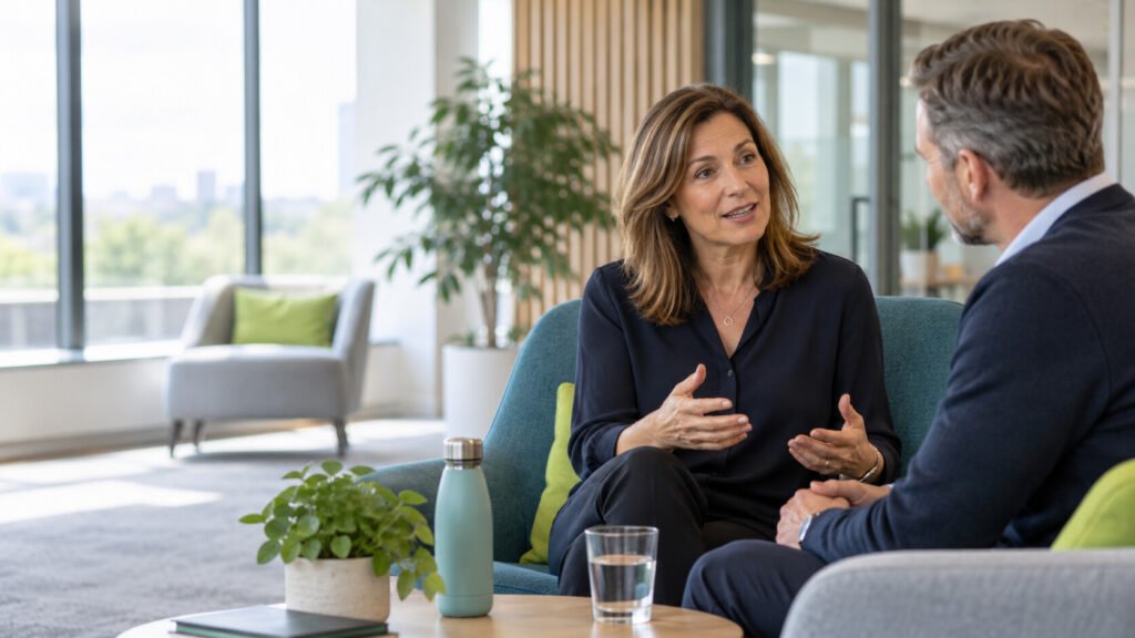 Two colleagues having a private, supportive workplace conversation about menopause awareness