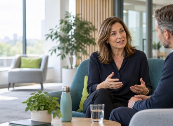 Two colleagues having a private, supportive workplace conversation about menopause awareness