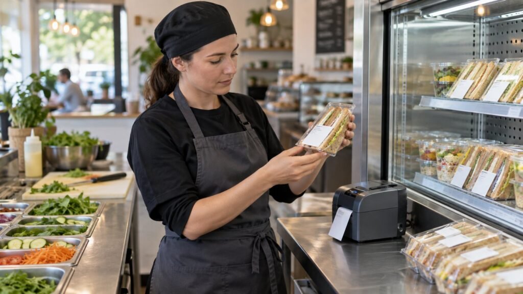Food handler checking an ingredient label on a prepacked sandwich before placing it in a chilled UK café display