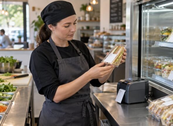 Food handler checking an ingredient label on a prepacked sandwich before placing it in a chilled UK café display