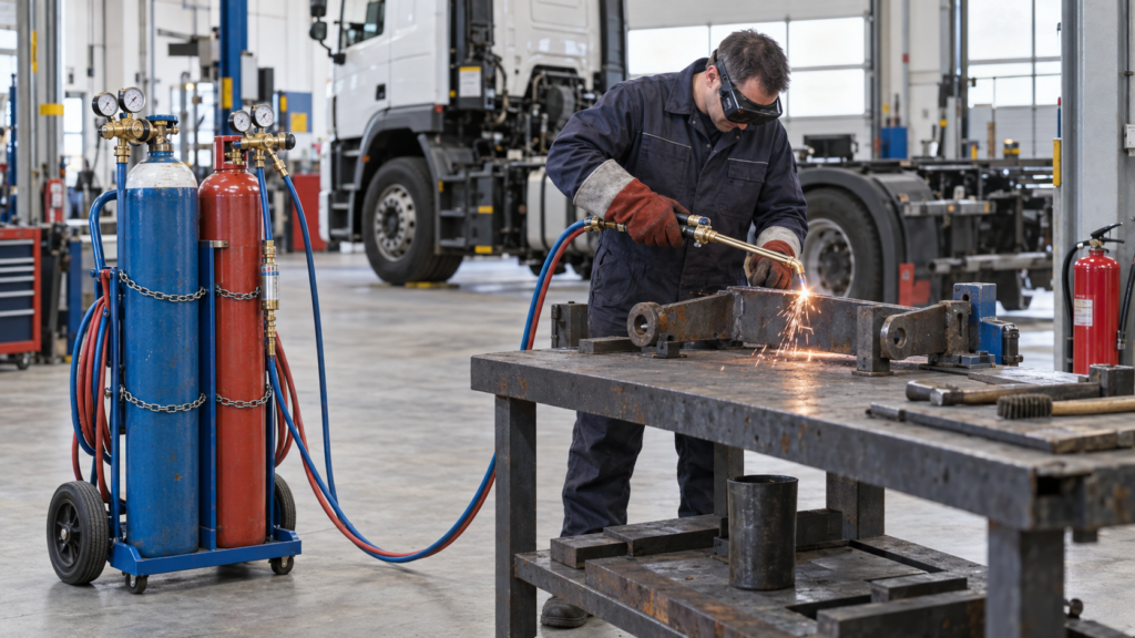 Technician using oxy-fuel gas equipment safely in a haulage workshop
