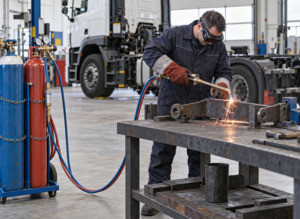 Technician using oxy-fuel gas equipment safely in a haulage workshop