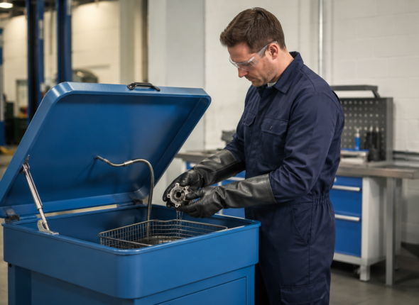 Technician wearing safety glasses and protective gloves using a lidded parts cleaning unit in a workshop