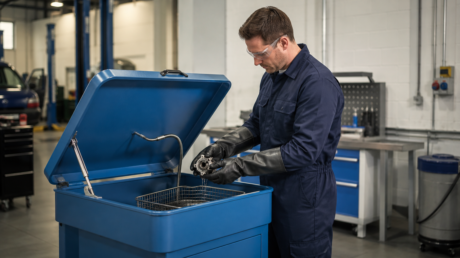 Technician wearing safety glasses and protective gloves using a lidded parts cleaning unit in a workshop