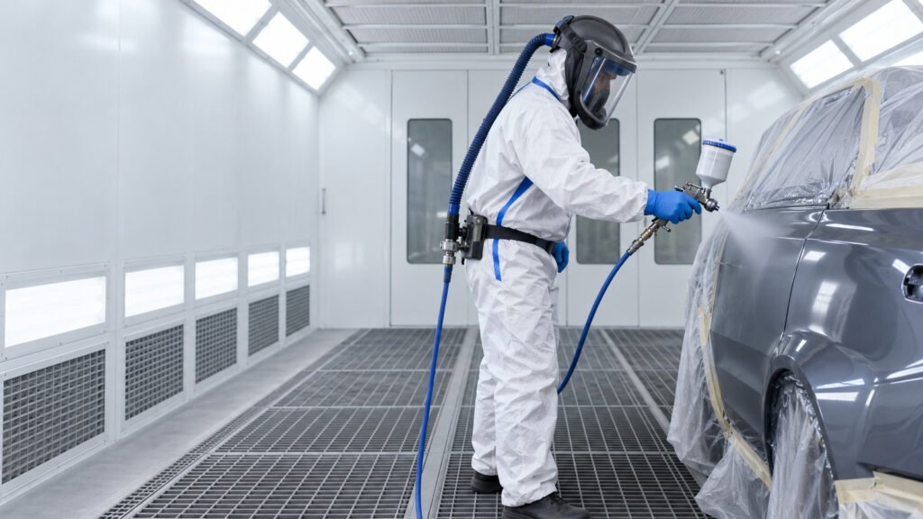 Worker spraying safely in a ventilated booth while wearing air-fed breathing apparatus and protective clothing