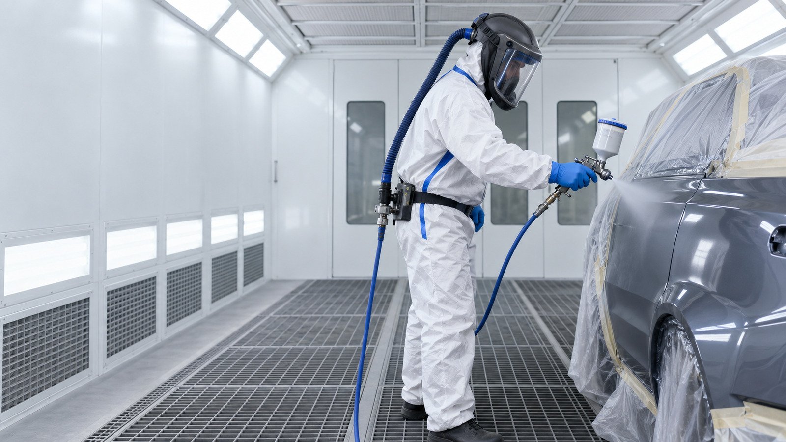 Worker spraying safely in a ventilated booth while wearing air-fed breathing apparatus and protective clothing