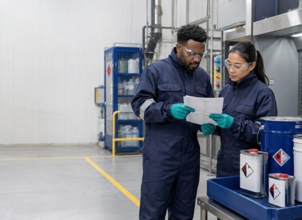 Two workers wearing chemical-resistant gloves and safety goggles review a safety data sheet beside sealed chemical containers in a controlled industrial work area.