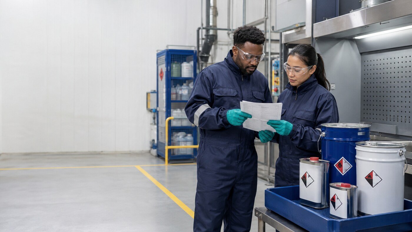 Two workers wearing chemical-resistant gloves and safety goggles review a safety data sheet beside sealed chemical containers in a controlled industrial work area.