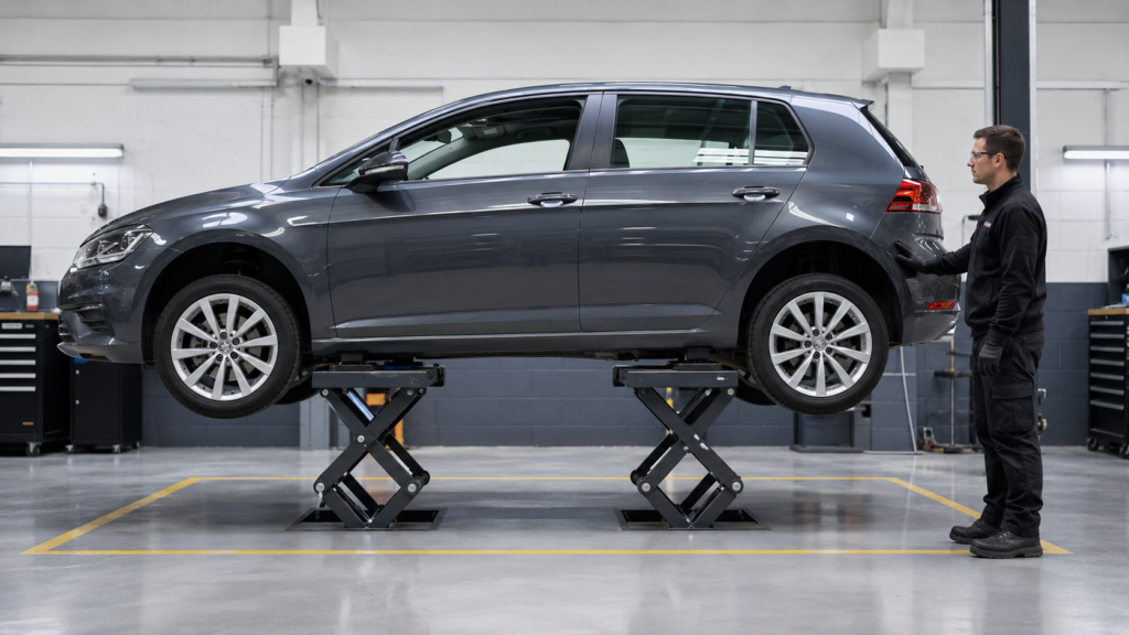 Vehicle technician checking a car securely raised on a short-platform scissor lift in a professional workshop