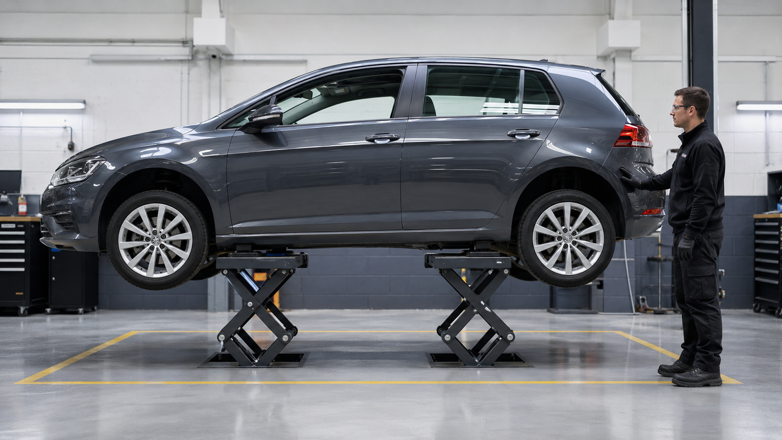 Vehicle technician checking a car securely raised on a short-platform scissor lift in a professional workshop