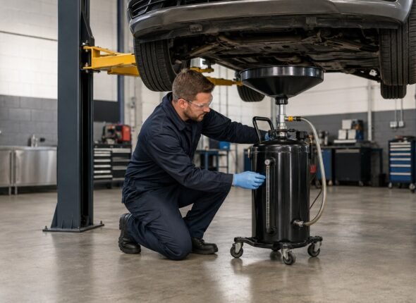 Workshop technician checking a mobile waste oil drainer beneath a raised vehicle while wearing eye protection and chemical-resistant gloves