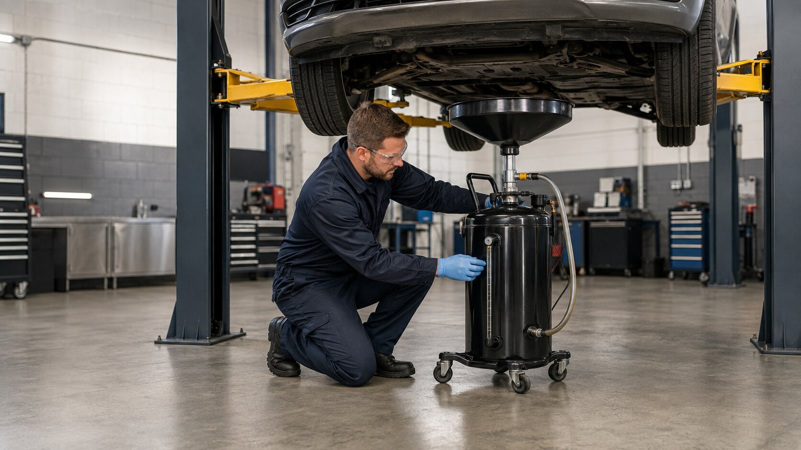 Workshop technician checking a mobile waste oil drainer beneath a raised vehicle while wearing eye protection and chemical-resistant gloves