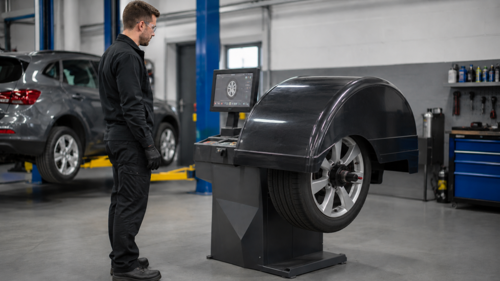 Workshop technician safely operating a guarded wheel balancing machine with a wheel securely clamped