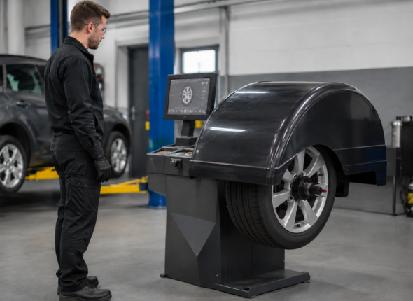 Workshop technician safely operating a guarded wheel balancing machine with a wheel securely clamped