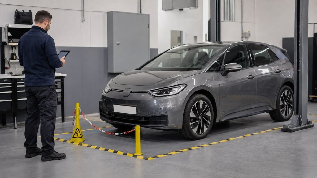Automotive technician reviewing an electric vehicle safety status in a controlled workshop with the high-voltage system enclosed and hands clear.
