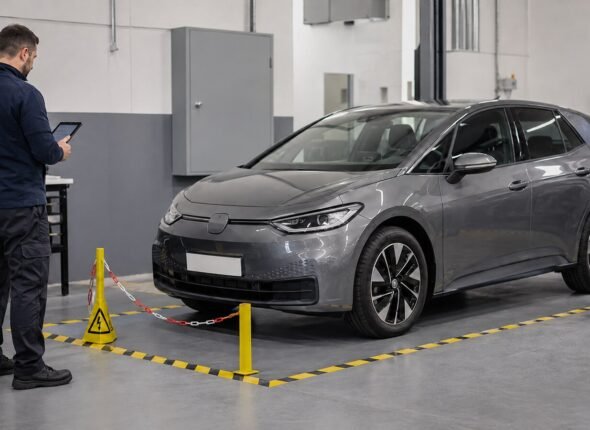 Automotive technician reviewing an electric vehicle safety status in a controlled workshop with the high-voltage system enclosed and hands clear.