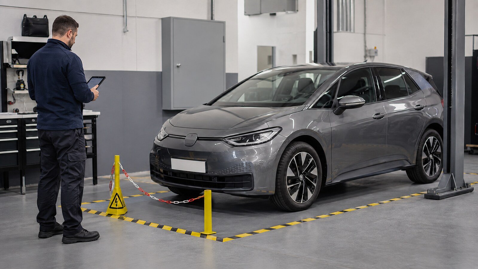 Automotive technician reviewing an electric vehicle safety status in a controlled workshop with the high-voltage system enclosed and hands clear.