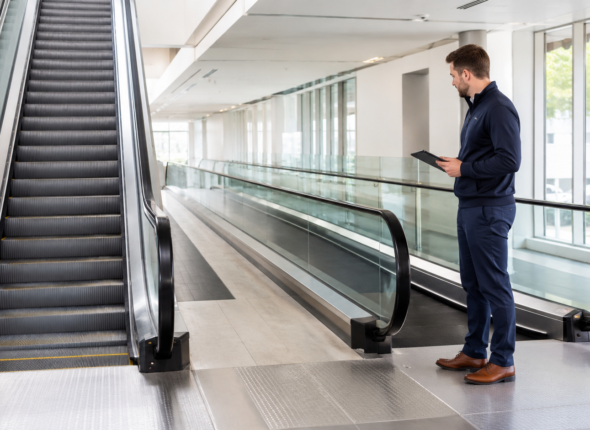 Facilities employee carrying out a visual safety check beside a modern escalator and moving walkway