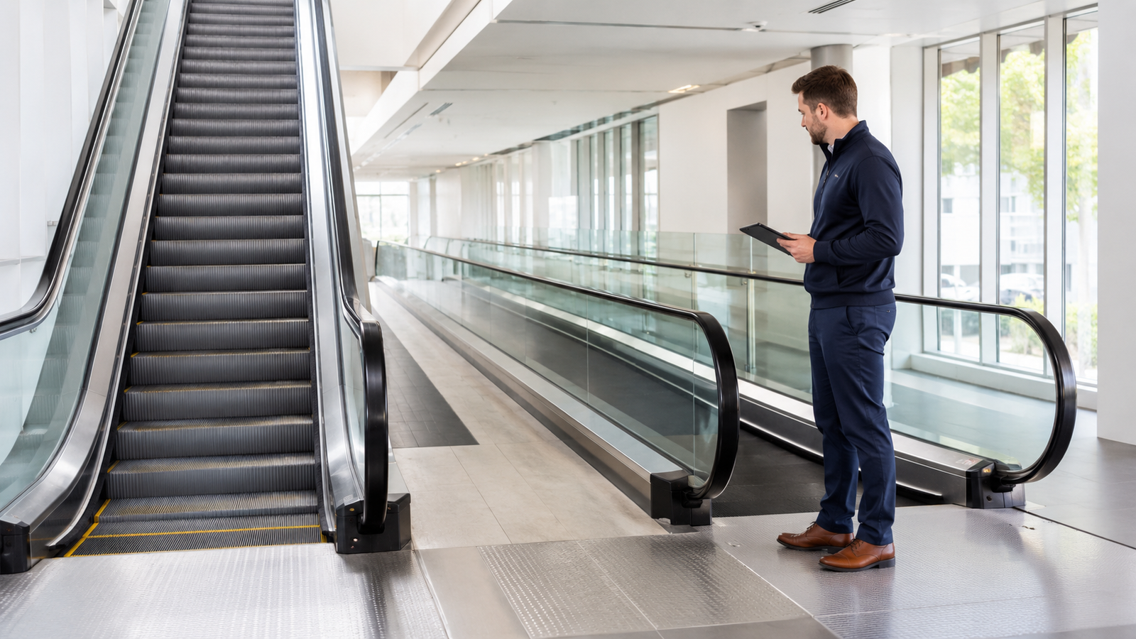 Facilities employee carrying out a visual safety check beside a modern escalator and moving walkway