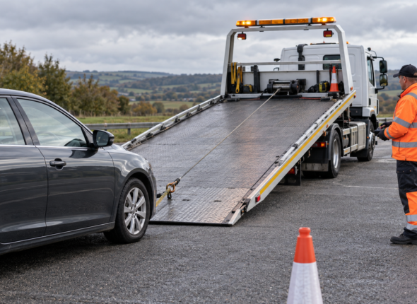 Recovery operator safely loading a car onto a flatbed recovery vehicle from outside the line of pull.