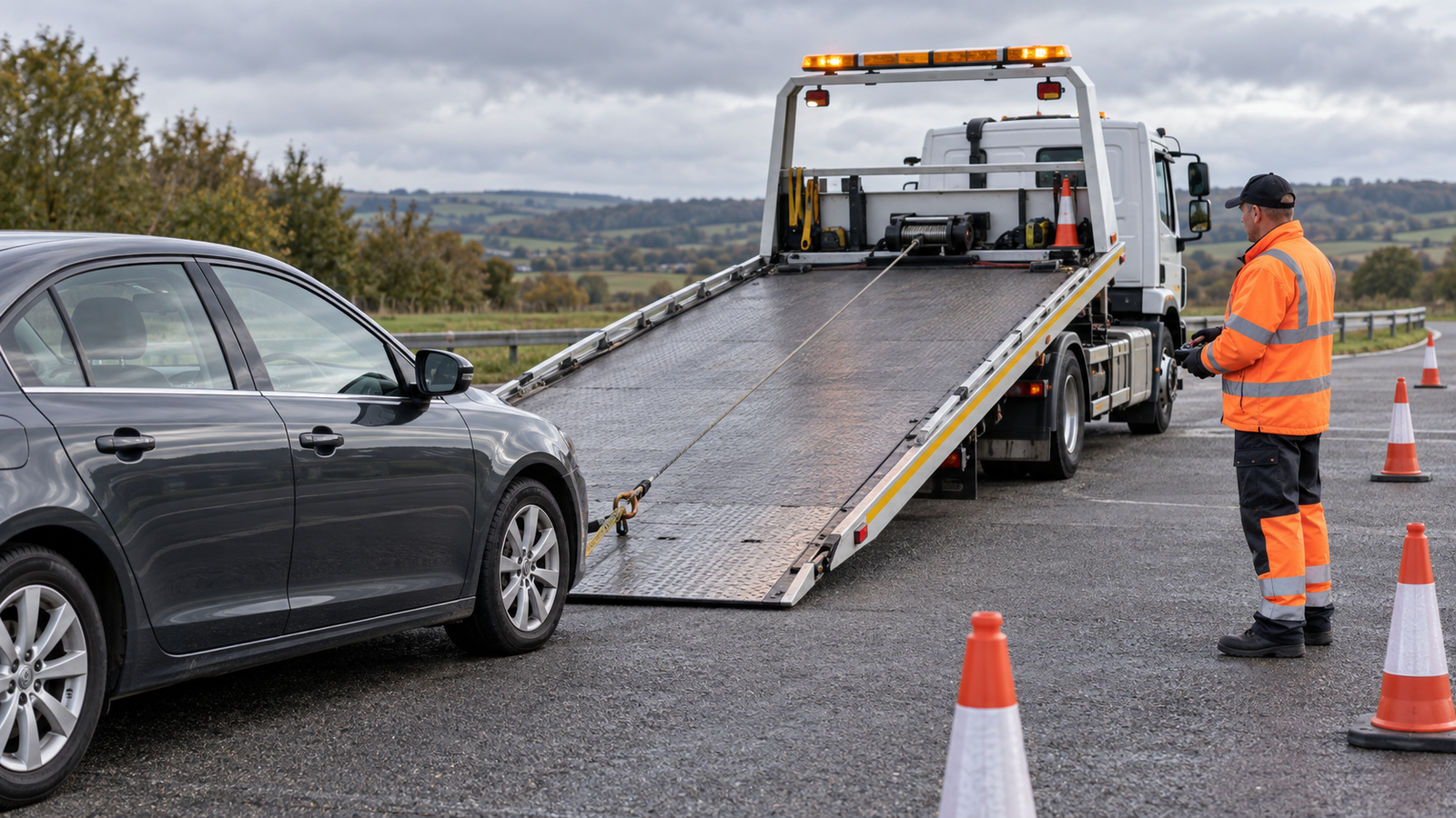 Recovery operator safely loading a car onto a flatbed recovery vehicle from outside the line of pull.