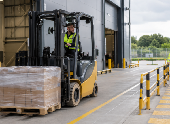 Fork lift truck travelling with a low load beside a pedestrian protected by a segregated warehouse walkway