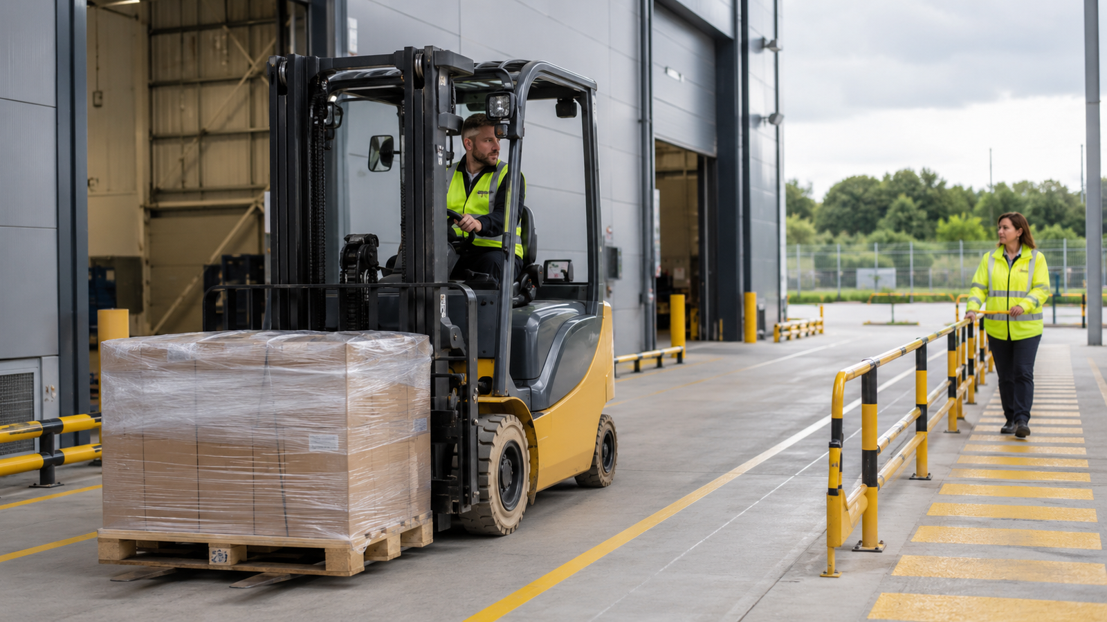 Fork lift truck travelling with a low load beside a pedestrian protected by a segregated warehouse walkway