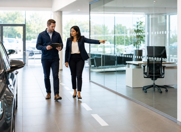 Two staff reviewing safety controls beside a clear pedestrian route in a modern automotive showroom and office